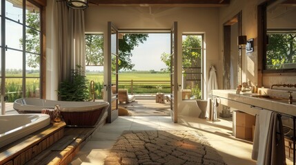 Fototapeta premium suburban farmhouse with a luxurious master suite, including a spa-like bathroom and a private balcony