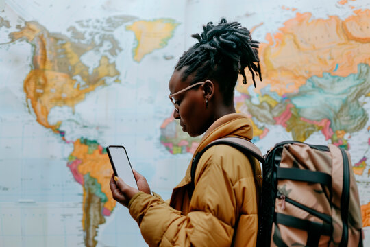 Traveler using Smartphone in front of the world map.