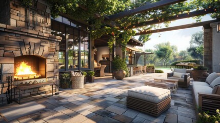 Fototapeta premium suburban farmhouse with a large, open-air patio featuring a fireplace and a cozy seating area