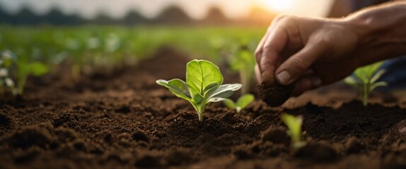 Expert hand of farmer checking soil health before growth a seed of vegetable or plant seedling, Business or ecology concept, analyze complex data sets in real-time, with a digital interface overlaid o