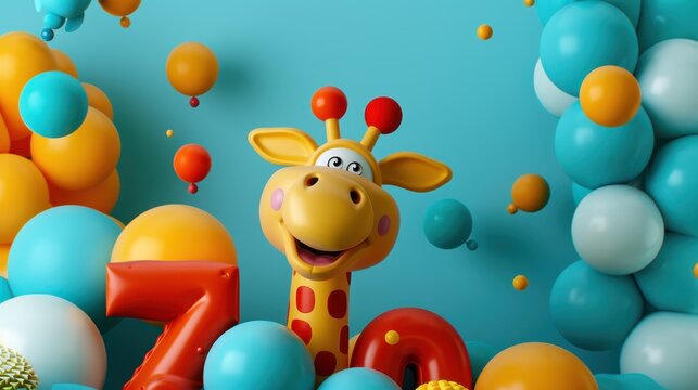 A happy cartoon giraffe surrounded by vibrant balloons in a festive blue-themed setting, creating an atmosphere full of fun, cheerfulness, and celebration for children.