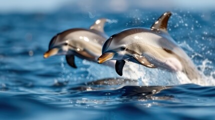 Two dolphins leap side by side in the open blue ocean waters, capturing their synchronized movements and the exhilarating beauty of marine life in full action.