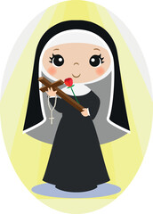 illustration of santa rita de cascia, religious saint, drawing for children, nun, with cross, rose and halo of light, holiness