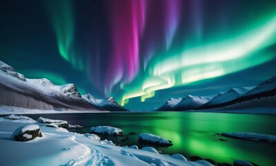 Fototapeta premium Beautiful aurora borealis northern lights in the sky over mountains