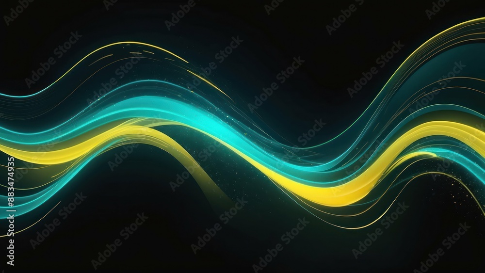 Wall mural futuristic teal and yellow digital wave background with neon lights