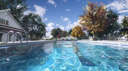 suburban farmhouse with a large, outdoor swimming pool, featuring a diving board and a poolside bar