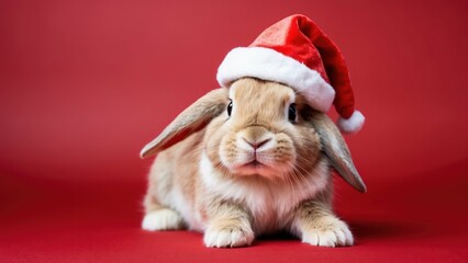 Adorable bunny wearing a Santa hat against red backdrop, perfect for festive and holiday themes