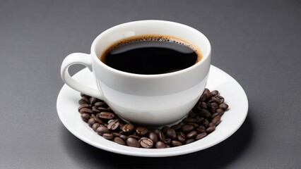 White cup of steaming coffee with beans on a gray background, invoking warmth and simplicity