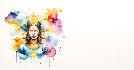 Fototapeta premium junge Frau spirituell gekleidet mit goldenen Schmuck mystische Symbole Formen in bunten Wasserfarben als Hintergrund und Vorlage Banner zur Gestaltung Wahrsagerin Hellseherin Meisterin erleuchtet 