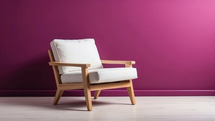 Minimalist wooden armchair with white cushion against a magenta background Modern and stylish