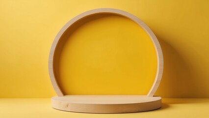 wooden circle podium pedestal on a yellow background, perfect for minimalist display