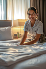 A hotel employee tidying up a room