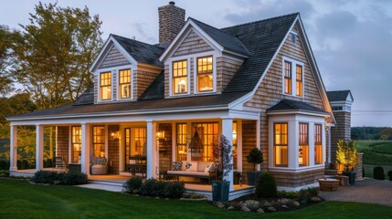 suburban farmhouse with a Cape Cod style, featuring shingle siding, dormer windows, and a cozy interior