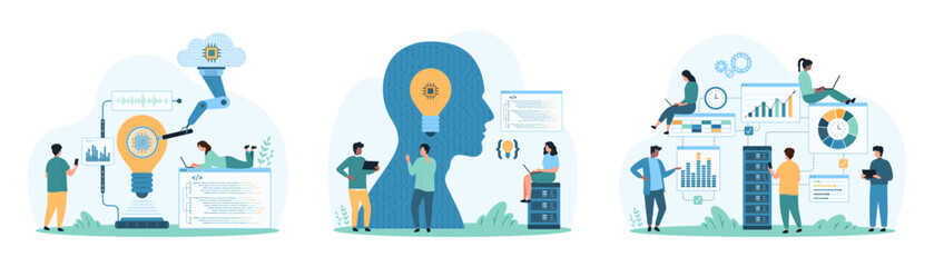 Data processing in computing system, engineering with AI set. Tiny people and cloud bot research light bulb with circuit and charts, coding with help of digital brain cartoon vector illustration