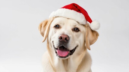 Labrador Retriever wearing a Christmas hat on a white background, looking joyful