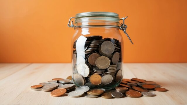 Jar filled with assorted coins on a wooden surface against an orange background