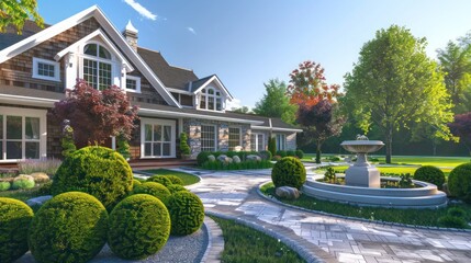 Obraz premium suburban farmhouse with an elegant front garden featuring sculpted bushes and a small fountain