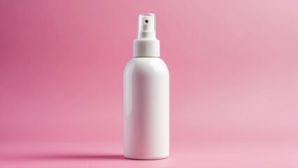 Plain white cosmetic spray bottle on a pink background, perfect for skincare designs