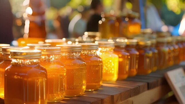 Locallymade honey jars glistening in the sun surrounded by eager customers.