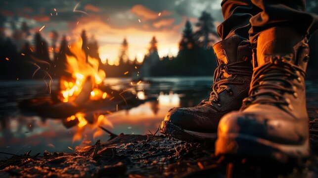 Time Spent in Nature Mudcaked hiking boots beside a campfire, the ultimate symbol of adventure and the call of the wild