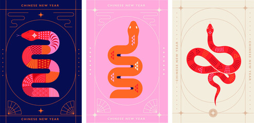 Chinese new year 2025 year of the Snake. Red Snake vertical design, cards, story templates and envelope design. Lunar new year concept, geometric modern design