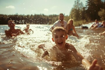 Obraz premium Joyful children splashing in a crystal-clear lake, with their parents cheering from a nearby picnic blanket.. Beautiful simple AI generated image in 4K, unique.