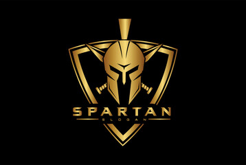 spartan logo and vector design helmet and head with shield and cross swords , gym and fitness logo