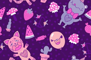 Cartoon birthday animals seamless frogs and cats and strawberry and watermelon