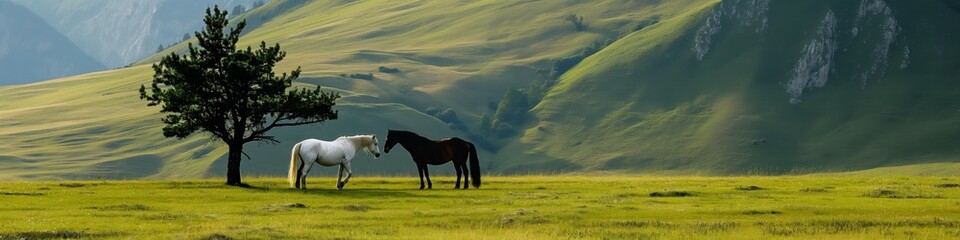 Obraz premium Two horses are grazing in a grassy field. The scene is peaceful and serene, with the horses standing close to each other and the trees in the background