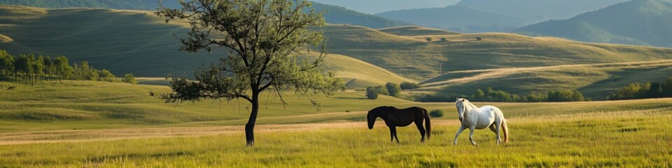 Two horses are walking in a field with a tree in the background. The scene is peaceful and serene, with the horses enjoying the open space and the tree providing shade