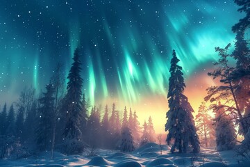 Fototapeta premium A beautiful, serene landscape with a blue sky and trees covered in snow. The aurora borealis is visible in the sky, creating a magical and peaceful atmosphere