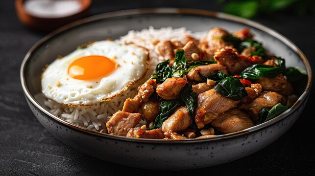 Thai Basil Chicken (Pad Krapow) with Jasmine Rice and Fried Egg