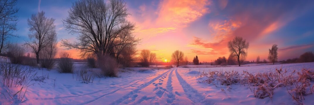 A beautiful sunset over a snow-covered field. The sky is filled with clouds and the sun is setting, casting a warm glow over the landscape. The trees in the background are bare