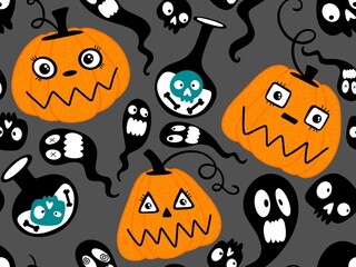 Fototapeta premium Halloween pumpkins seamless monsters pattern for wrapping paper and fabric