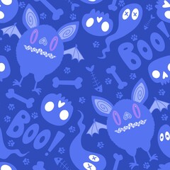 Halloween monsters animals seamless bat and ghost and skulls pattern