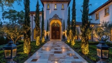 Fototapeta premium The front walkway of a Mediterranean home, lined with cypress trees and lit by antique wrought iron lanterns, leading to an arched wooden door