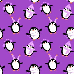 Cartoon festive animals seamless birthday decor and penguin pattern