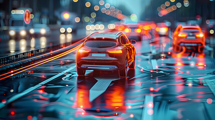 Autonomous cars sensor systems for safety of driverless cars. Future adaptive cruise control that senses nearby vehicles and pedestrians. Smart transportation technology.