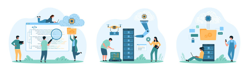Code development, software for database and hosting service set. Tiny people with magnifying glass and robotic arm work with hardware, repair programs of server system cartoon vector illustration