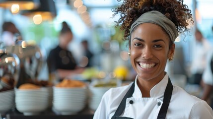 A joyful chef in a white uniform and apron, flashing a big smile in a bustling restaurant kitchen, demonstrating passion and dedication to the culinary arts.