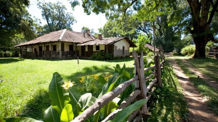 A rustic farmhouse with a classic wooden fence set in a lush green backyard, emanating a serene and timeless countryside charm, surrounded by mature trees and vibrant plants.