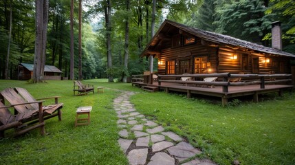 A peaceful wooden cabin situated in a lush, green forest, complete with a stone pathway leading to cozy outdoor seating, offering a perfect escape into nature.