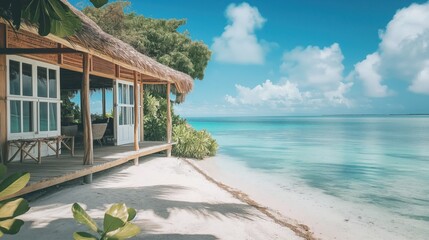 Fototapeta premium A tropical beach hut with a thatched roof, wooden deck, and open doors, overlooking a serene turquoise ocean and clear blue sky.