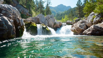 A small but charming waterfall in a lush forested area, with clear waters flowing over moss-covered rocks, surrounded by green trees and a tranquil landscape.