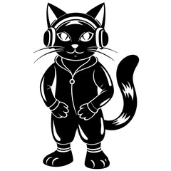 black and white cat and a headphone on its head vector art 