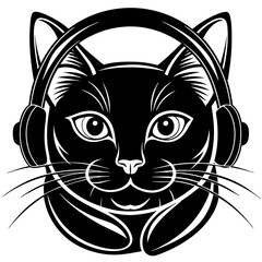 black and white cat head  with a headphone on its head  vector design 