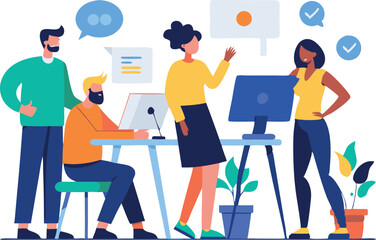 Group of coworkers collaborating and brainstorming in a modern office environment