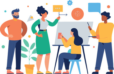 Team brainstorming session with whiteboard, presenting ideas and planning strategies