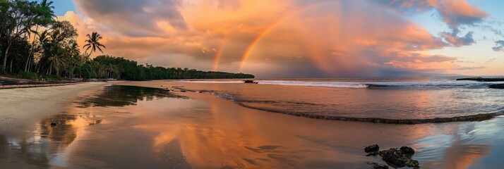 A beautiful sunset over the ocean with a rainbow in the sky. The sky is filled with clouds and the water is calm. The beach is empty and the waves are small
