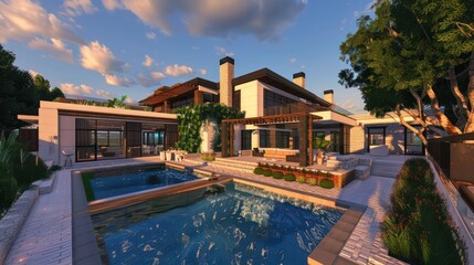 luxurious suburban farmhouse with a modern twist, featuring a rooftop terrace and an outdoor swimming pool